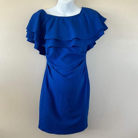 PinkBlush Cobalt Royal Blue Double Layer Ruffle Off Shoulder Maternity Dress - Picture 3 of 9